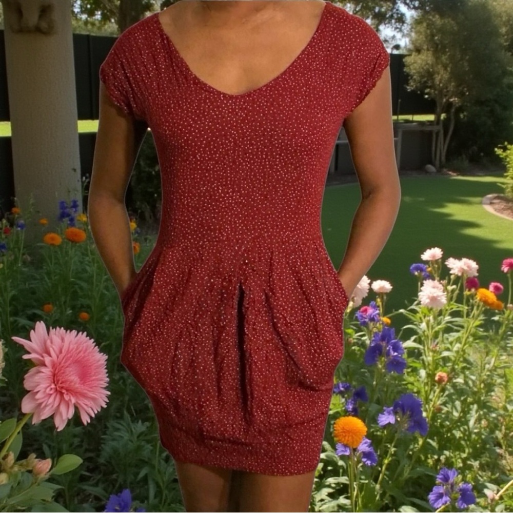 Retro dark red polka dot fitted top pleated bubble bottom party mini dress S